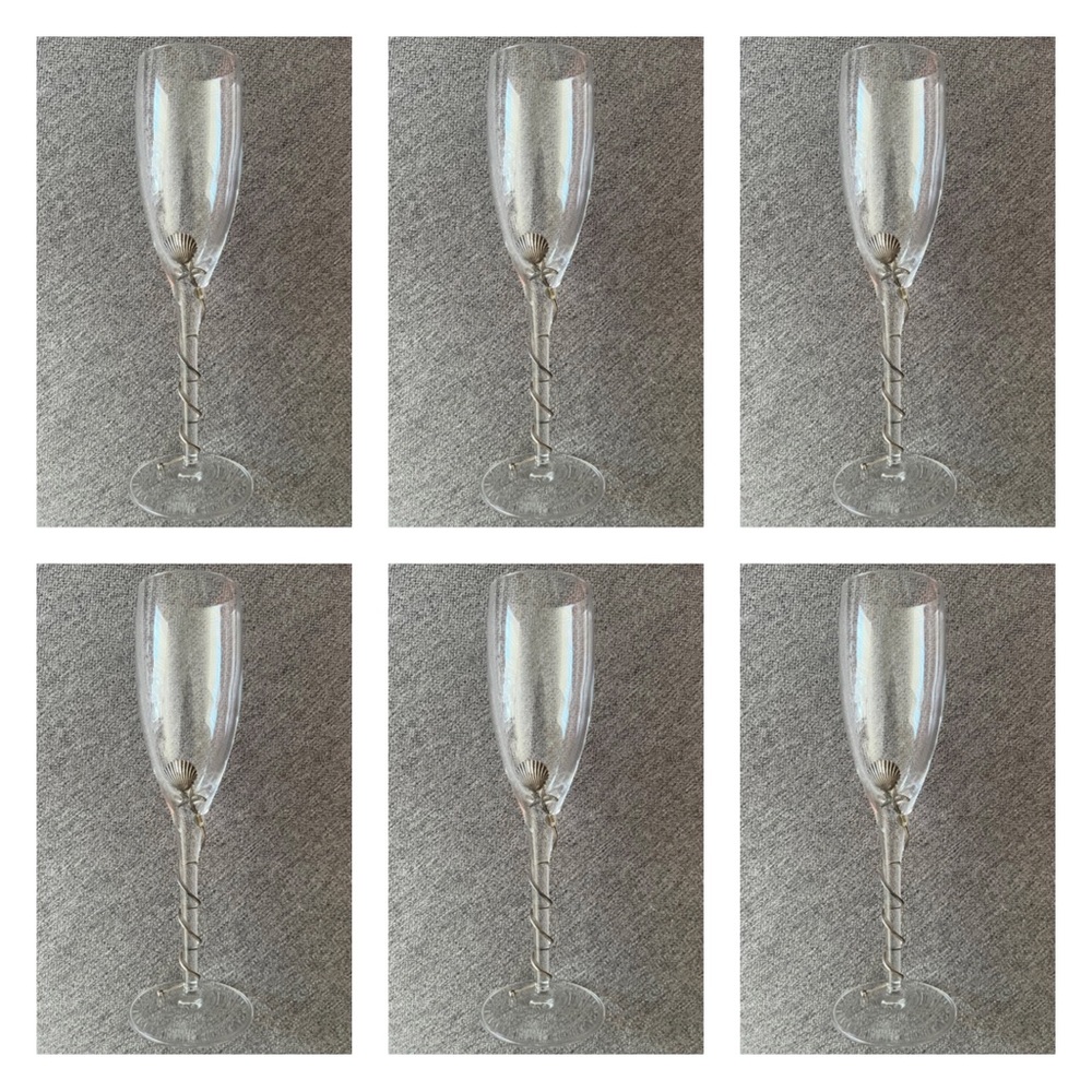 Set of 6 Beautiful champagne flutes with sterling silver shell detail 🍾 🥂